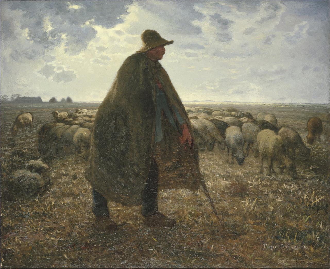 羊の群れの世話をする羊飼い 1860 年代油絵